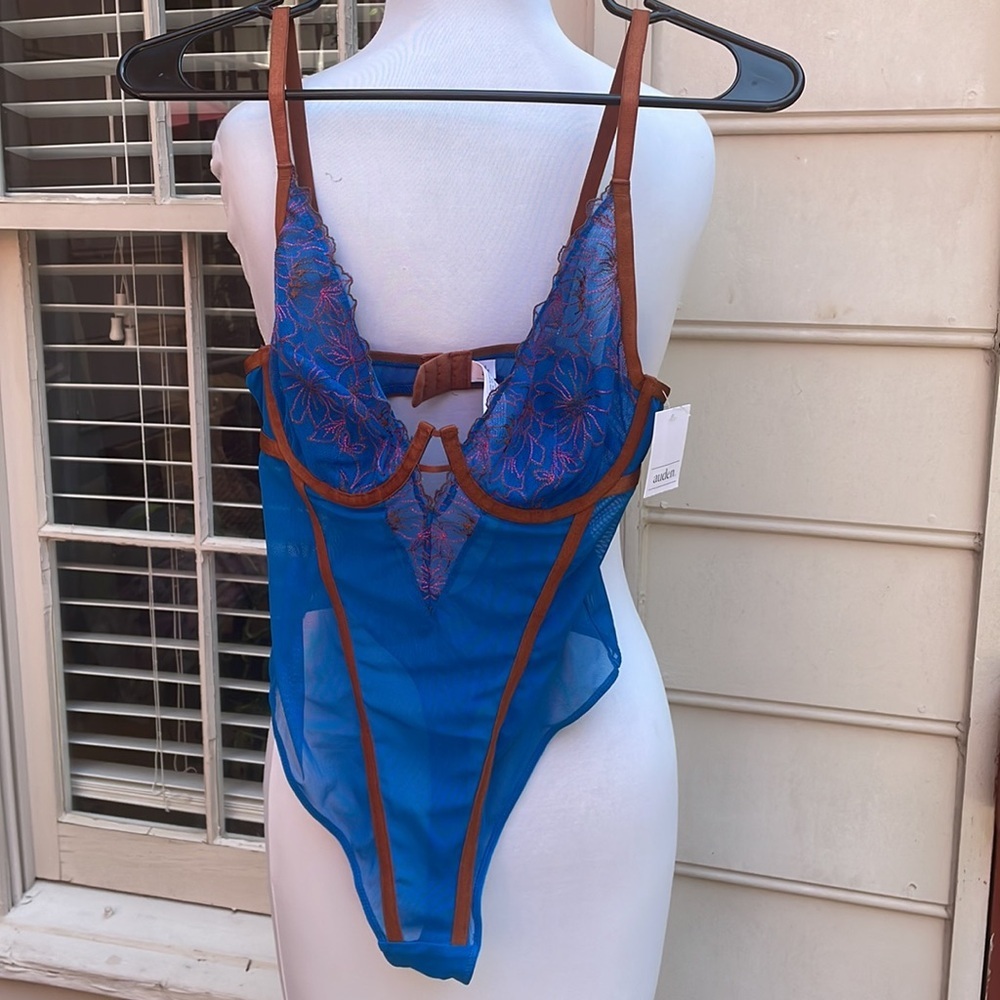 NWT- Auden Blue & Brown Mesh Bodysuit Size S